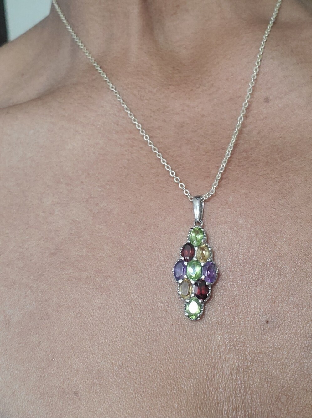 Stainless Steel Multi Gemstone Pendant Peridot Amethyst Citrine Garnet 3.5ctw